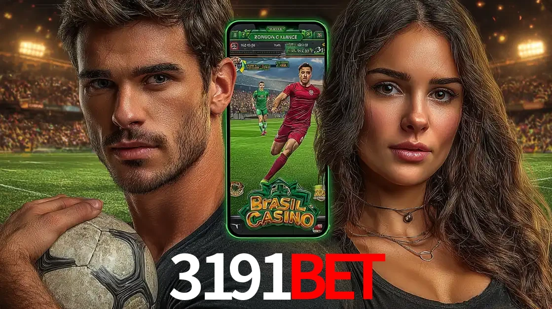 Homem segurando uma bola de futebol e uma mulher ao lado de um smartphone exibindo o jogo de apostas esportivas da 3191bet. Faça seu palpite no cassino online.